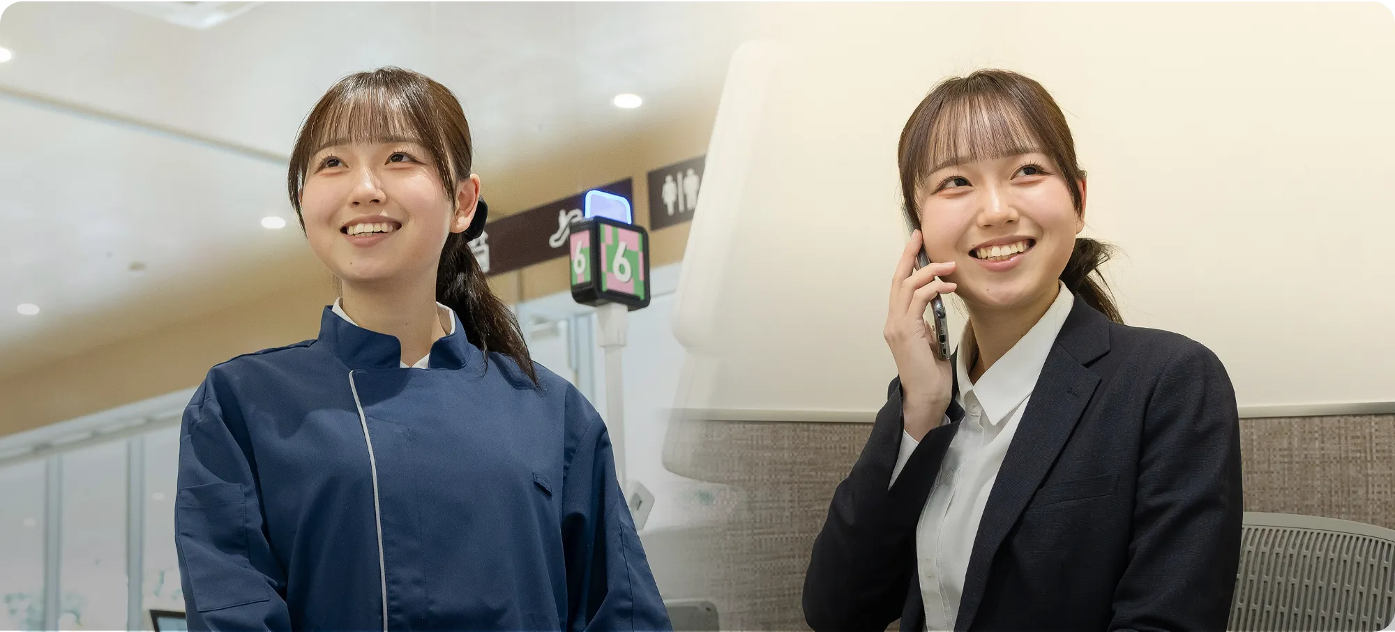 1人の従業員が、現場の制服を着て店頭に立っている写真と、スーツを着て電話をしている写真がコラージュされている写真